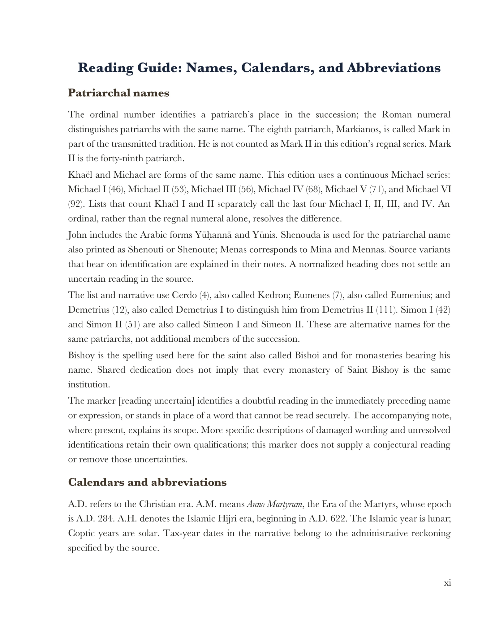 Reading guide: names and calendars