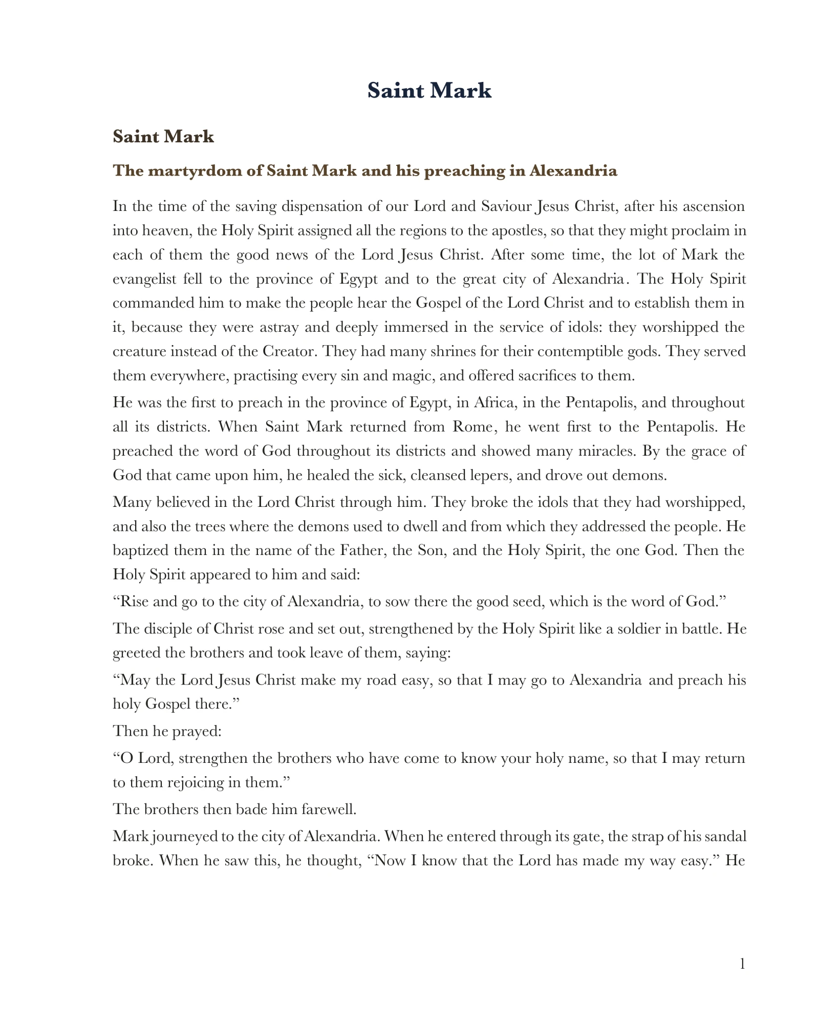 Saint Mark: preaching in Alexandria