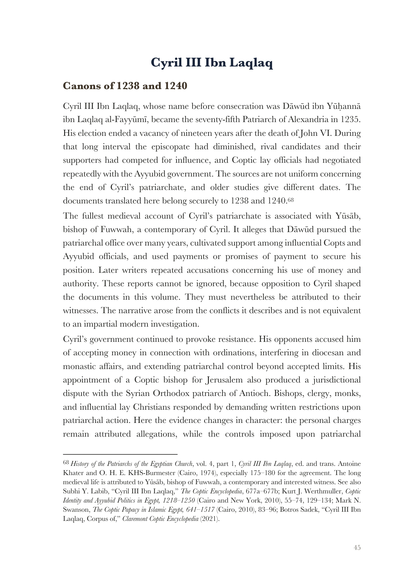 Cyril III Ibn Laqlaq and the canons of 1238 and 1240