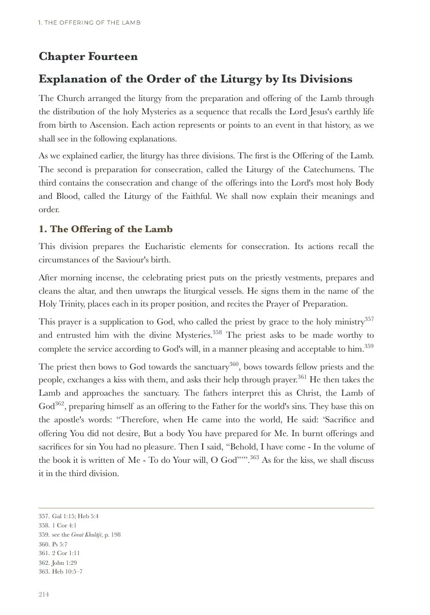 Part One, Chapter Fourteen: The Offering of the Lamb and the order of the Liturgy